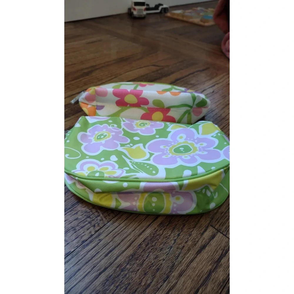 Clinique Makeup Bag Set (2) Floral Green Pink Orange Cosmetic Pouches NWOT